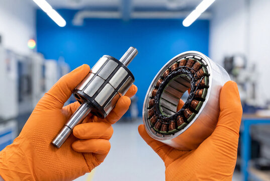 Gloved hands holding brushless electric motor rotor and stator components