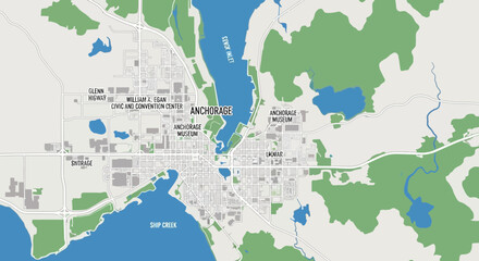 Naklejka premium Anchorage Alaska City Map Aerial View - Urban Landscape Navigation