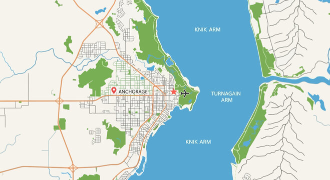 Anchorage Alaska Map - Aerial View of City and Turnagain Arm