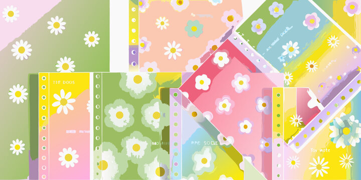 Colorful floral patterned binder covers arranged in a dynamic geometric composition