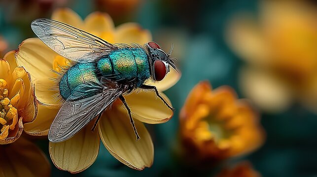 Hyperdetailed Metallic Blue-Green Fly on Pale Yellow Flower, Stylized Macro Close-Up, Vivid Digital Art Insect Illustration with Bokeh Garden Background