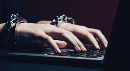 Cybercriminal Hands in Handcuffs Using a Laptop Illustrating Internet Fraud Hacker and Online Crime Prosecution