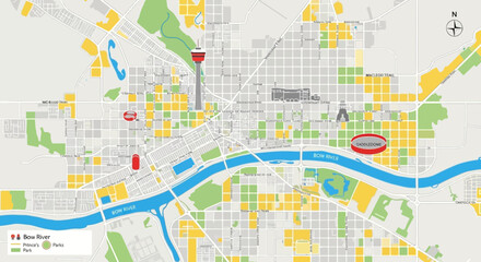 Fototapeta premium City Map with Landmarks and River, Aerial View, Urban Planning, Navigation