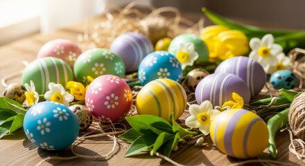 Fototapeta premium A festive collection of vibrantly painted Easter eggs adorned with playful patterns and nestled amongst fresh green leaves and delicate spring daffodils