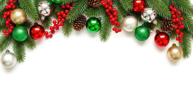 A top view of festive holiday ornaments, pine branches, and red berries forming a decorative border on a plain white background with space, joy, berries, empty
