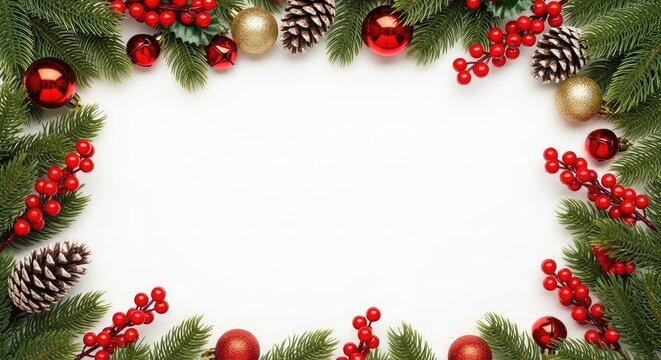 A top view of festive holiday ornaments, pine branches, and red berries forming a decorative border on a plain white background with space, white, spirit, needles