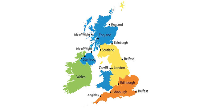 Colorful map of the United Kingdom with capital cities, isolated on white background