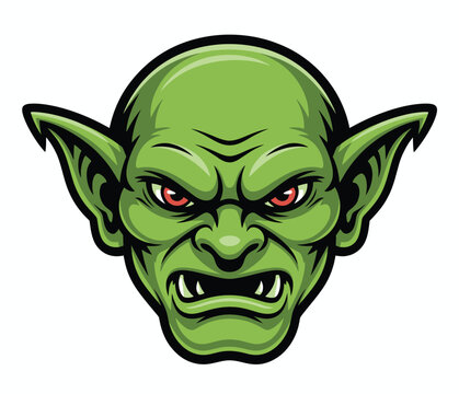 Angry goblin head vector illustration, fierce fantasy creature with sharp teeth, pointed ears, and aggressive expression, detailed design for game assets, mascots, and dark-themed graphics.