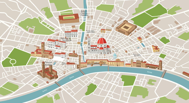 Florence City Map Illustration, Italy, Famous Landmarks, Aerial View
