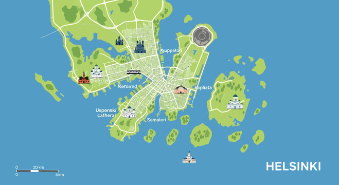 Helsinki Map: Aerial View of Finland's Capital City with Landmarks