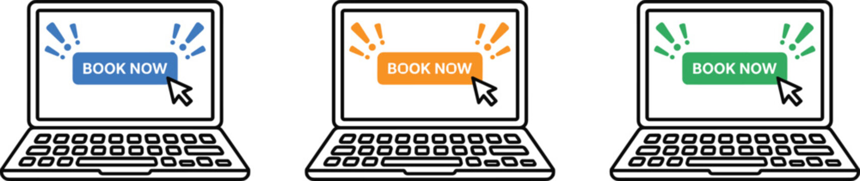 Laptop booking icons in black and color design, showing &ldquo;BOOK NOW&rdquo; buttons with cursor clicks, symbolizing reservation, online booking, call‑to‑action, and digital commerce.