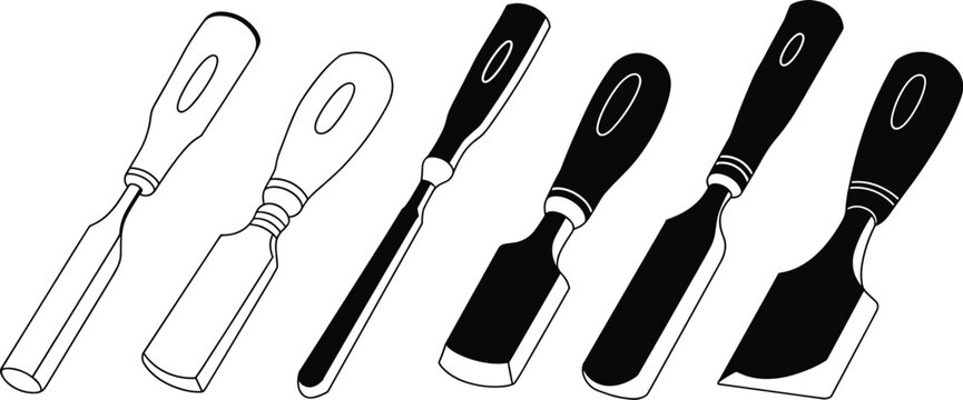 Woodworking chisel icons in black and white design, showing varied blade widths and shapes, symbolizing carpentry, craftsmanship, tools, and construction work.