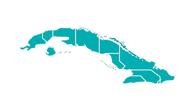 Map of Cuba Divided into Provinces, Turquoise Outline on White Background