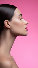 Fototapeta premium Close-up portrait of woman with glowing skin and closed eyes, representing beauty, skincare and wellness.