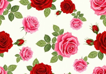 Obraz premium Elegant seamless pattern featuring blooming red and pink roses with green leaves on a soft white background for fabric and wallpaper design, beauty, soft, repeat
