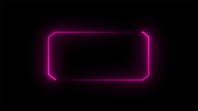 A bright magenta neon rectangle with beveled corners glows against a completely black background, creating a futuristic and minimalist digital frame or interface technology or abstract