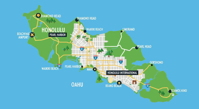 Oahu Hawaii Map - Honolulu, Pearl Harbor, Diamond Head, Waikiki Beach