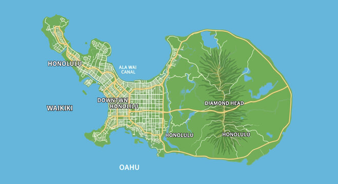 Oahu Hawaii Map - Honolulu, Waikiki, Diamond Head Aerial View