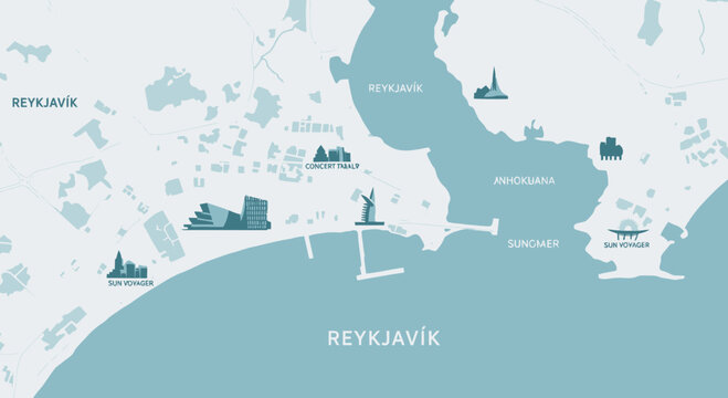 Reykjavik City Map, Iceland - Landmarks and Bay Area Overview