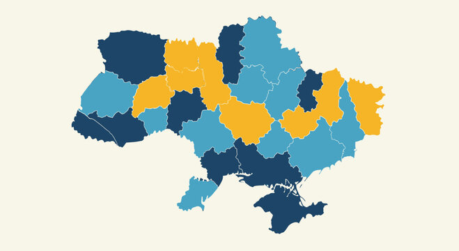 Ukraine Map with Regions Highlighted in Blue and Yellow