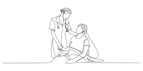 Obraz premium Continuous One Line Drawing of Nurse Comforting Female Patient During Medical Care