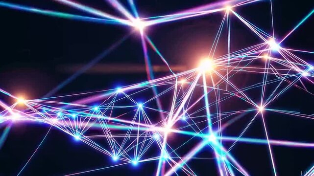 A creative video background of glowing polygonal shapes connected by dots and lines in the dark, forming a dynamic, futuristic network with an artistic visual effect.