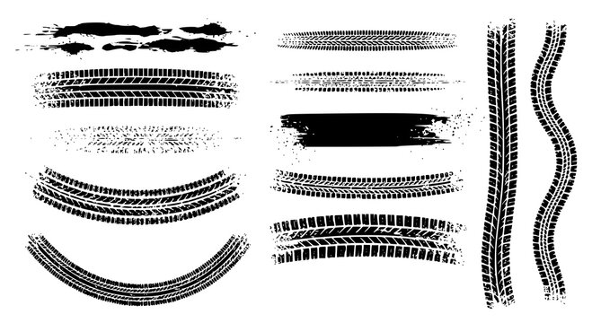Tire tread patterns, wheel tracks, skidding, braking. Tire tracks - car racing, motocross, drag racing, rally, drift, off-road. Vector splashes grunge texture. Vector set of wheel treads. PNG version.