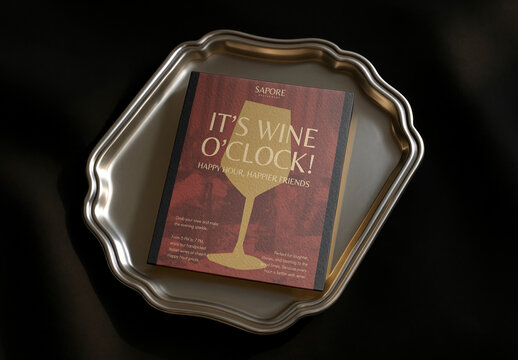 Wine Themed Menu Mockup On Silver Tray PSD