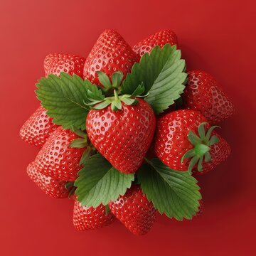Vista superior de un conjunto de fresas rojas y maduras con hojas verdes, capturadas en primer plano para resaltar su frescura natural, mercado, alimento, maduro