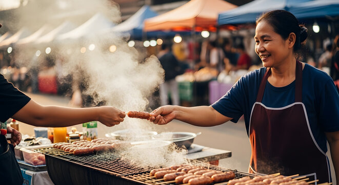 A cheerful female vendor flips savory grilled sausages on a large barbecue rack with smoke rising