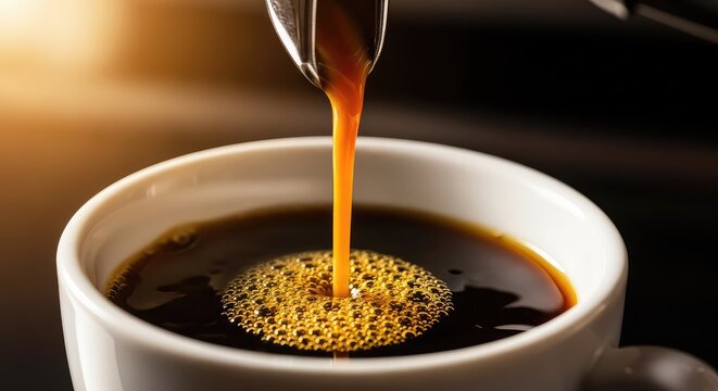 A detailed close-up shot of rich dark espresso pouring from a metal spout into a white ceramic cup, featuring thick crema and warm glow, warmth, mug, extraction