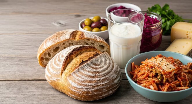 A healthy assortment of probiotic fermented foods including crusty sourdough bread, spicy kimchi, and kefir on a rustic wooden table, jar, fermentation, spicy
