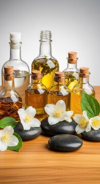 A peaceful arrangement of aromatic herbal oils in glass bottles alongside fresh jasmine flowers and warm stones on a wooden therapy table, stone, luxury, aromatherapy