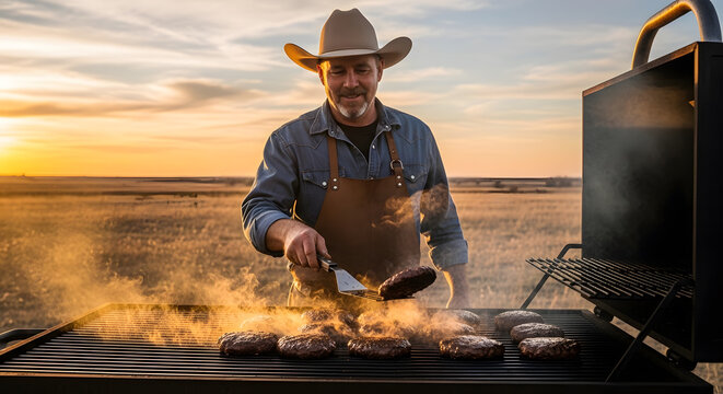 Man wearing a hat and apron flipping meat patties on a grill in a wide open field during golden hour