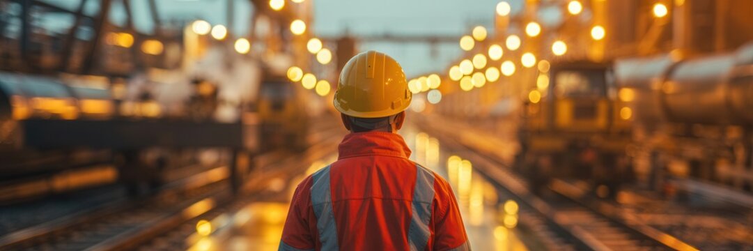 Rear view of a railway worker in a hard hat and highvisibility jacket standing on tracks at an industrial site