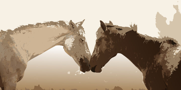 Two horses nuzzle affectionately heads almost touching in a soft style