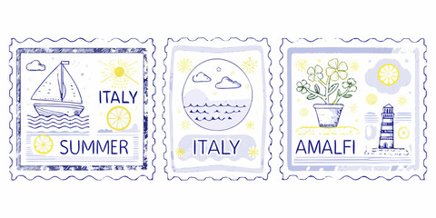 Three decorative postage stamps featuring italian summer themes and imagery © Debashis
