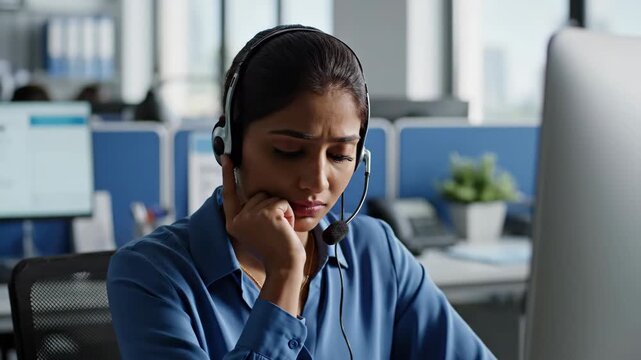 Concerned woman customer service representative wearing headset at office desk