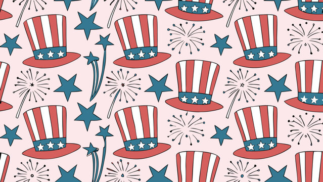 Seamless pattern of patriotic uncle sam hats stars and fireworks