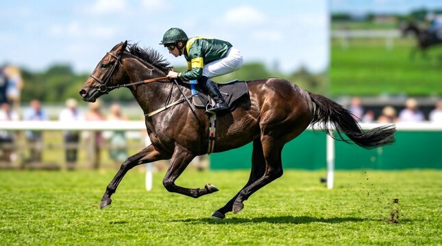 Jockey in green and yellow racing silks rides a brown horse at full gallop during a horse race on a sunny day with spectators in the background