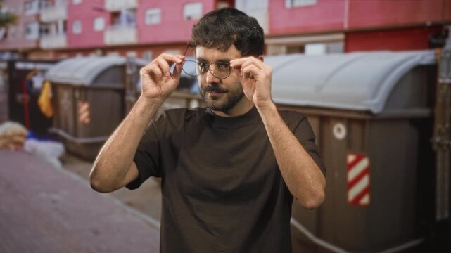 Man adjusts glasses with both hands on a street beside large trash bins and dumpsters near residential buildings, holding frames at eye level; thoughtful focus.