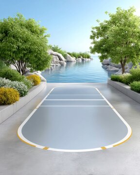 A serene outdoor shuffleboard court beside a calm body of water, bordered by lush green trees and flowering plants under a clear blue sky.