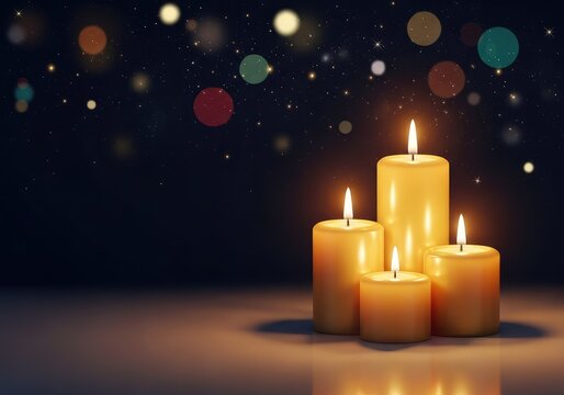 Eleganti candele dorate accese brillano su uno sfondo notturno magico con luci sfocate, glitter e riflessi incantevoli per Natale, splendore, contrasto, magico