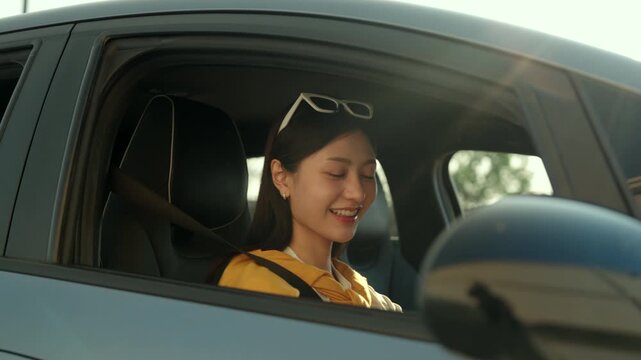 Happy moment woman hugging her new car, feeling proud and excited. Car purchase ownership success, auto finance. Rental or test drive concept in modern lifestyle.
