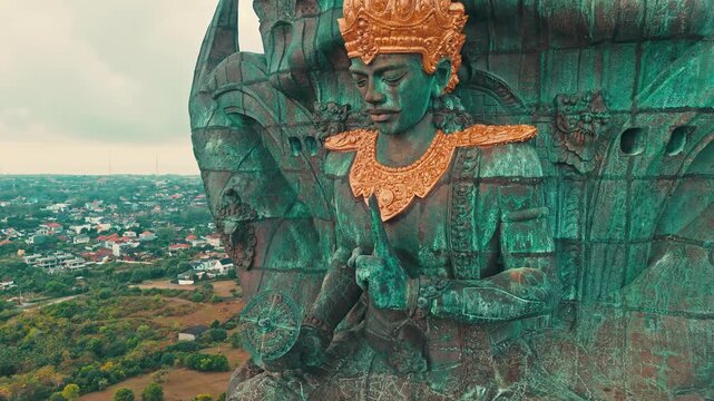 Close up aerial of Garuda Wisnu Kencana statue in Bali devoted to god Vishnu
