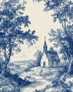 Vintage Blue Ink Landscape Illustration with Rural Church. AI generative.
