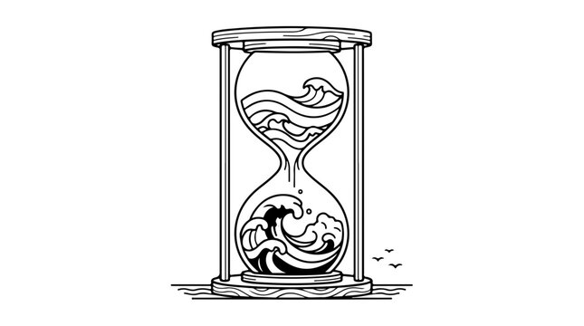 A minimalist line art illustration of an hourglass with swirling sand on a white background