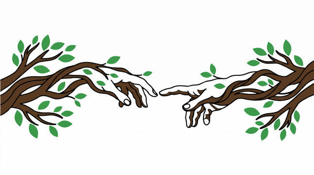 A minimalist vector graphic illustration of two tree branches with leaves and human-like hands reaching out to each other