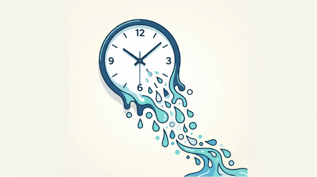 A vector graphic illustration of a melting clock with water droplets flowing out