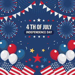 Obraz premium Festive fourth of july illustration with fireworks balloons and flags
